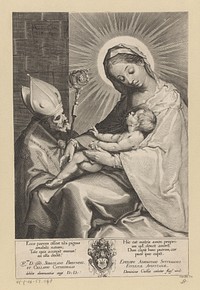 Maria met kind aanbeden door een bisschop (1589 - 1615) by Lucas Kilian, Alessandro Casolani, anonymous, Dominicus Custos, Dominicus Custos and Sebastian Breuning