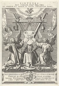 Twee engelen tonen de passiewerktuigen van Christus. (1588) by Johann Sadeler I, Maerten de Vos, Johann Sadeler I and Julius Echter von Mespelbrunn