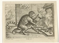 Aap en kat bij een haard (1680 - 1694) by Jan Griffier I, Francis Barlow and Pierce Tempest