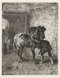 Paard krijgt hoefijzers in een smederij (1839 - 1915) by Cornelis Albertus Johannes Schermer