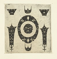 Ontwerp voor ovale rand van wijzerplaat en zes ornamenten (1612) by anonymous, anonymous and Hendrick Hondius I