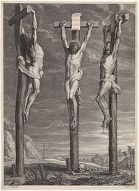 Christus aan het kruis tussen de twee gekruisigde misdadigers (1596 - 1659) by Schelte Adamsz Bolswert, Peter Paul Rubens and Gilles Hendricx