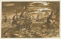 Schepen voor een kust (1605 - 1620) by Hendrick Goltzius, Cornelis Claesz van Wieringen, Cornelis Claesz van Wieringen and Willem Janszoon Blaeu