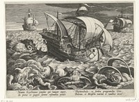Zeemonsters rondom een schip (c. 1594 - 1598) by Adriaen Collaert, Jan van der Straet, Philips Galle and Cornelis Kiliaan