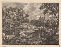 Rivierlandschap met schaapskudde en op de achtergrond enkele gebouwen (1634 - 1686) by Jacques Prou, Sébastien Bourdon and Lodewijk XIV koning van Frankrijk
