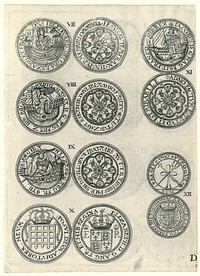 Zes oude Engelse munten genummerd VII-XII (1673) by anonymous, Henry Hills and John Starkey