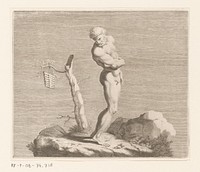Naakte man, mogelijk Pan, bij een boomstronk met panfluit (1600 - 1699) by anonymous