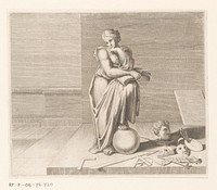 Vrouw met haar voet leunend op bol waarnaast attributen van de kunsten (1600 - 1699) by anonymous