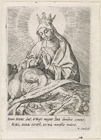 Slapend Christuskind in bed aanbeden door Maria (1617) by Raphaël Sadeler I, Raphaël Sadeler II, Raphaël Sadeler I and Anna Bergia
