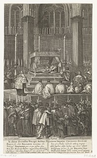 Praalbed van de overleden kardinaal-infant Ferdinand van Oostenrijk, opgebaard in de Sint-Gudulekerk te Brussel, 1641 (1641) by Pieter de Jode II, Antoine Sallaert and Joannes Meyssens