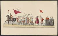Gekostumeerde optocht van 1841: ruiter en voetsoldaten (blad II) (1841) by anonymous, Johannes Paulus Houtman and August Arnz and Co
