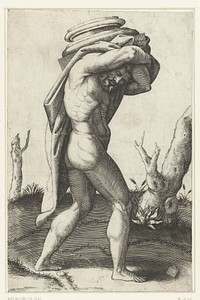 Naakte man draagt basis van zuil op zijn rug (1517 - 1520) by Marcantonio Raimondi and Rafaël