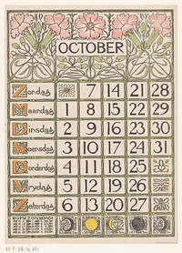 Kalenderblad voor oktober 1900 (1899) by Theo Nieuwenhuis and Scheltema and Holkema s Boekhandel