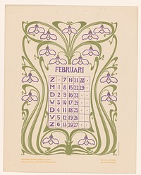 Kalenderblad februari met sneeuwklokjes (before 1904) by Anna Sipkema, Anna Sipkema, Gebroeders Braakensiek and C A J van Dishoeck