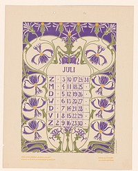 Kalenderblad juli met bloemen (before 1904) by Anna Sipkema, Anna Sipkema, Gebroeders Braakensiek and C A J van Dishoeck
