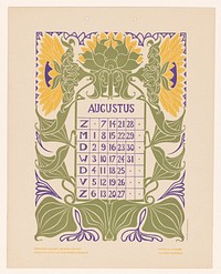 Kalenderblad augustus met zonnebloemen (before 1904) by Anna Sipkema, Anna Sipkema, Gebroeders Braakensiek and C A J van Dishoeck