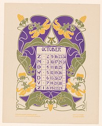 Kalenderblad oktober met bloemen, mogelijk kamperfoelie of clematis (before 1904) by Anna Sipkema, Anna Sipkema, Gebroeders Braakensiek and C A J van Dishoeck
