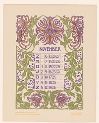 Kalenderblad november met bloemen, (before 1904) by Anna Sipkema, Anna Sipkema, Gebroeders Braakensiek and C A J van Dishoeck