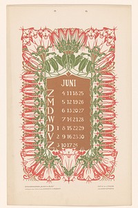 Kalenderblad juni met bloemen (before 1905) by Anna Sipkema, Anna Sipkema and C A J van Dishoeck