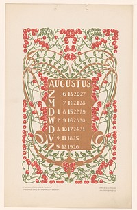 Kalenderblad augustus met aalbessen (before 1905) by Anna Sipkema, Anna Sipkema and C A J van Dishoeck