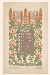 Kalenderblad januari met dennenappels (before 1905) by Anna Sipkema, Anna Sipkema and C A J van Dishoeck