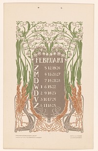 Kalenderblad februari met lelietjes-van-dalen (before 1905) by Anna Sipkema, Anna Sipkema and C A J van Dishoeck