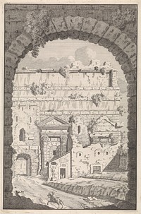 Gezicht door een boog op een ruiter en ruïnes (1708) by Bonaventura van Overbeek