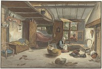 Interieur met vrouw bij wieg (1821) by Cornelis Ploos van Amstel, Christiaan Josi, Adriaen van Ostade and Christiaan Josi