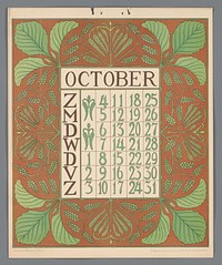 Kalenderblad voor oktober van de kalender 'Bloem en blad' (c. 1900 - c. 1910) by Gebroeders Braakensiek, Netty van der Waarden, Gebroeders Braakensiek and C A J van Dishoeck