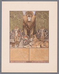 Vos in monnikspij (Reinaert) aan voeten van leeuw (Nobel) en leeuwin (Gentel), temidden van andere dieren (c. 1910) by Bernard Willem Wierink