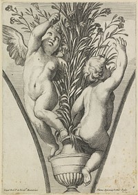 Twee putti, één van achteren gezien, bij een plant in pot (1675 - 1685) by Pietro Antonio Cotta and Guido Reni