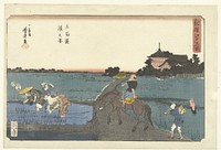 Gezicht op de Gohyaku rakan tempel (1855) by Utagawa Yoshitora and Moriya Jihei Kinshindo Mori
