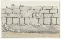 Buitenkant van de buitenmuur van de antieke tempel in de oude stad Manduria (1778) by Louis Ducros