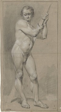 Staand mannelijk naakt, neerziend, de handen op een houten balk (1700 - 1800) by anonymous