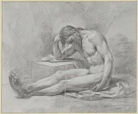 Zittend mannelijk naakt, op de grond, met de rechterarm leunend op een blok (1765 - 1781) by Jean Grandjean