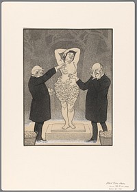 Ontwerp voor een politieke spotprent: twee heren bedekken een staande naakte vrouw met vijgebladeren (1904 - 1905) by Albert Hahn I