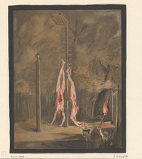 Nachtscène met de verminkte lichamen van de gebroeders De Witt aan de galg (1672) by anonymous and Willem Paets