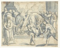 Tiran Phalaris geeft het bevel om Perillus te verbranden in de bronzen stier (1534 - 1591) by Chrispijn van den Broeck