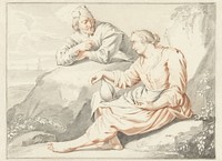 Vrouw met een kruik in gesprek met een man (1650 - 1719) by Jacob Toorenvliet