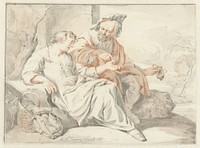 Zittende vrouw neemt geld aan van een man (1650 - 1719) by Jacob Toorenvliet