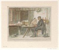 Schrijvende man en een vrouw aan een tafel (1836 - 1896) by Hendrik Valkenburg