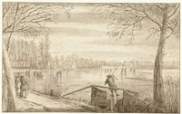 Skaters on the River Vecht, near Maarssen, with the Estates of Daelwijck and Vechthoven in the Distance (c. 1682 - c. 1699) by Abraham Rutgers and Johannes Leupenius