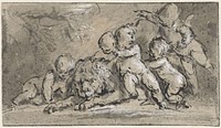 Vijf putti bij een liggende leeuw (c. 1705 - c. 1754) by Jacob de Wit