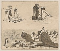 Twee boten voor reparatie aan de kant en een windas van twee richtingen gezien (1801 - 1873) by George Pieter Westenberg