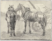 Twee tuigpaarden bij een kar (1667 - 1720) by Pieter van Bloemen