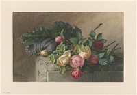 Stilleven met rozen en koolblad (1836 - 1892) by Gerardina Jacoba van de Sande Bakhuyzen