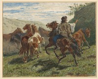 Hongaarse ruiter drijft een aantal paarden naar de achtergrond (1840 - 1863) by F Smithson