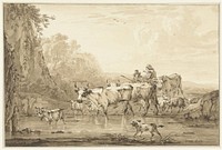 Herder en herderin met runderen en schapen bij een poel (1766 - 1815) by Jacob van Strij