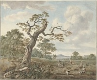 Landschap met jachtgezelschap op een landweg (1786) by Gerard van Nijmegen, Jan Wijnants and Johannes Lingelbach