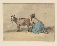 Vrouw die een geit melkt (1775 - 1833) by Jean Bernard